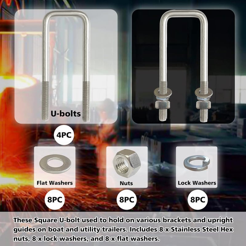FITHOIST 4Pack Square U-Bolt 1/2"-13 Thread Size, 304 Stainless Steel U Bolts 1/2" D x 2-1/16" W x 6-5/16" L with Washers & Nuts, for Replacement Parts and Accessories for Ski Boat, Fishing Boat - Image 3
